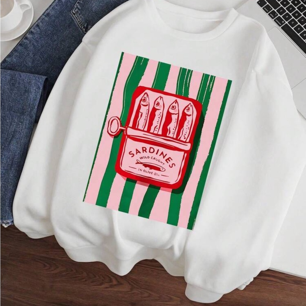 White Graphic Sweatshirt with Sardine Print